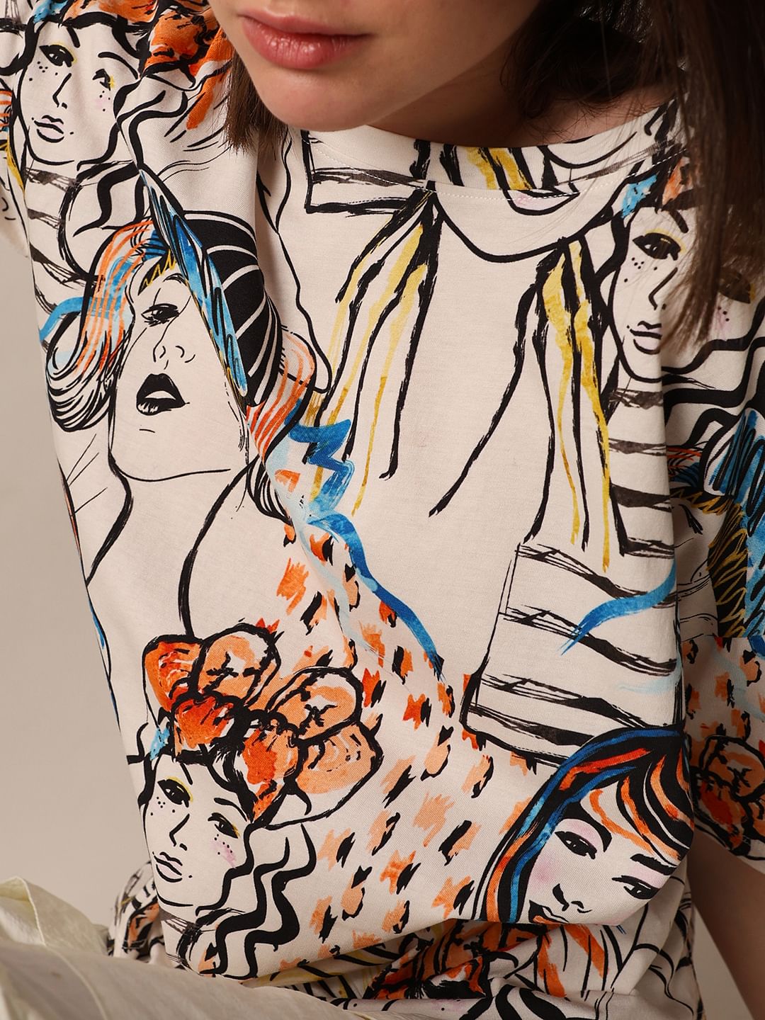 Beige Printed Relaxed Fit T-Shirt