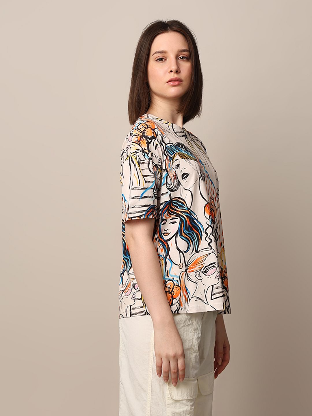Beige Printed Relaxed Fit T-Shirt