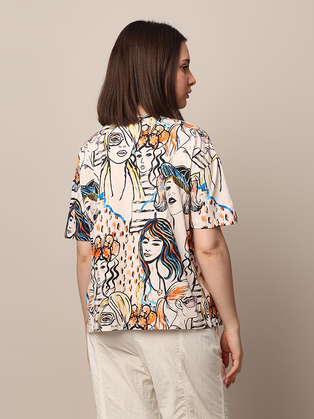 Beige Printed Relaxed Fit T-Shirt