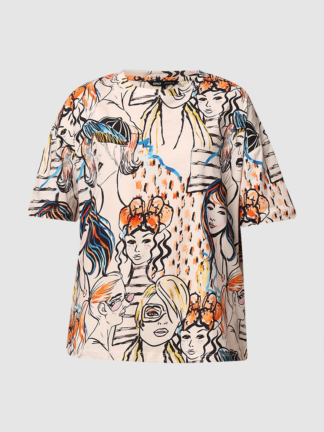 Beige Printed Relaxed Fit T-Shirt