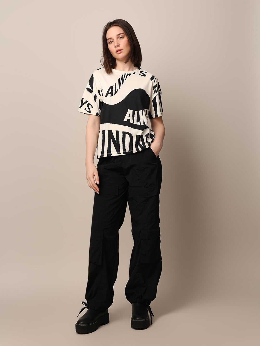 Beige Printed Boxy Fit T-Shirt