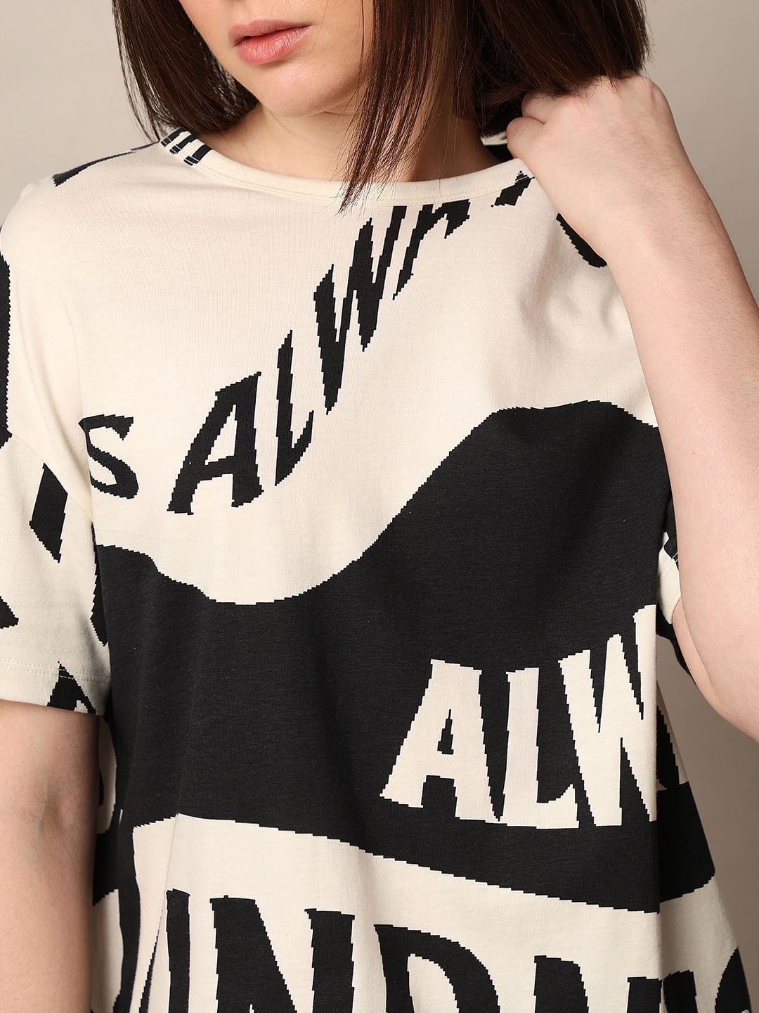 Beige Printed Boxy Fit T-Shirt