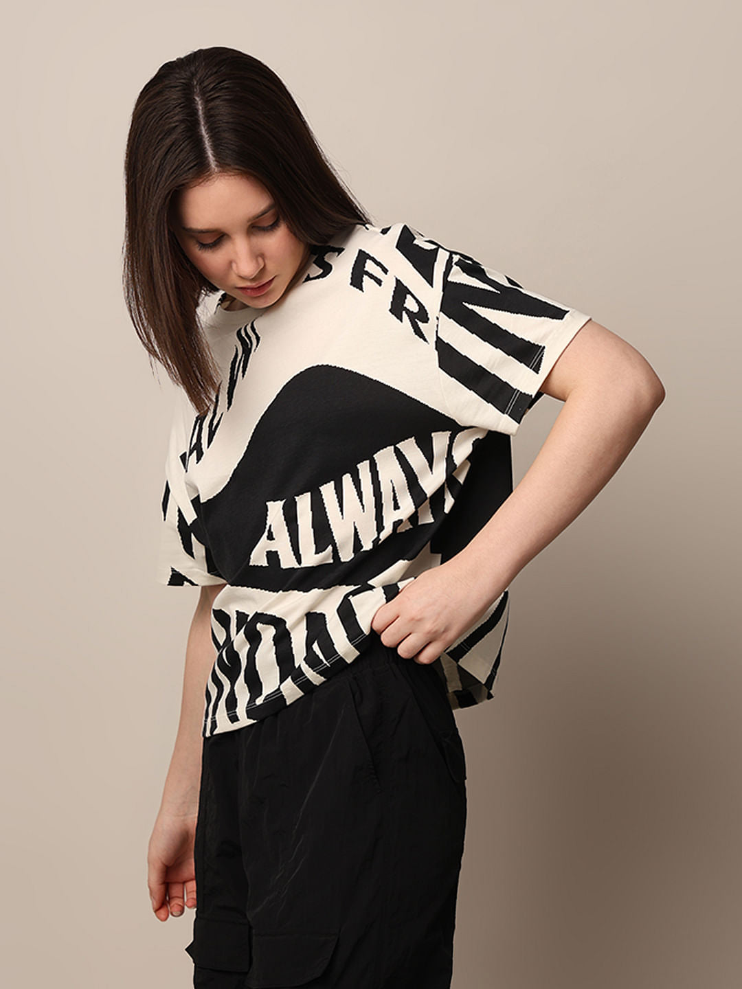 Beige Printed Boxy Fit T-Shirt