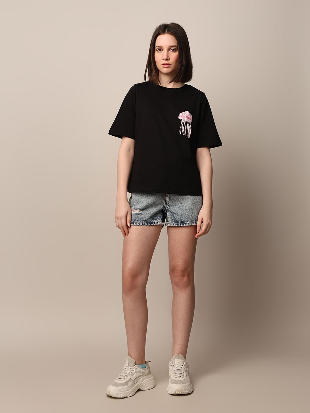 Black Appliqu Print T-Shirt