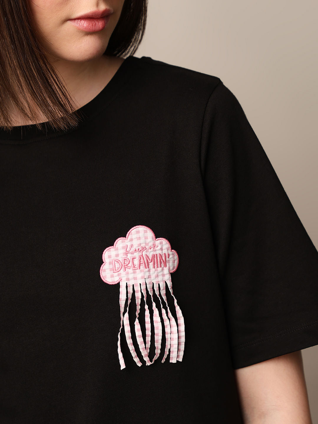 Black Appliqu Print T-Shirt