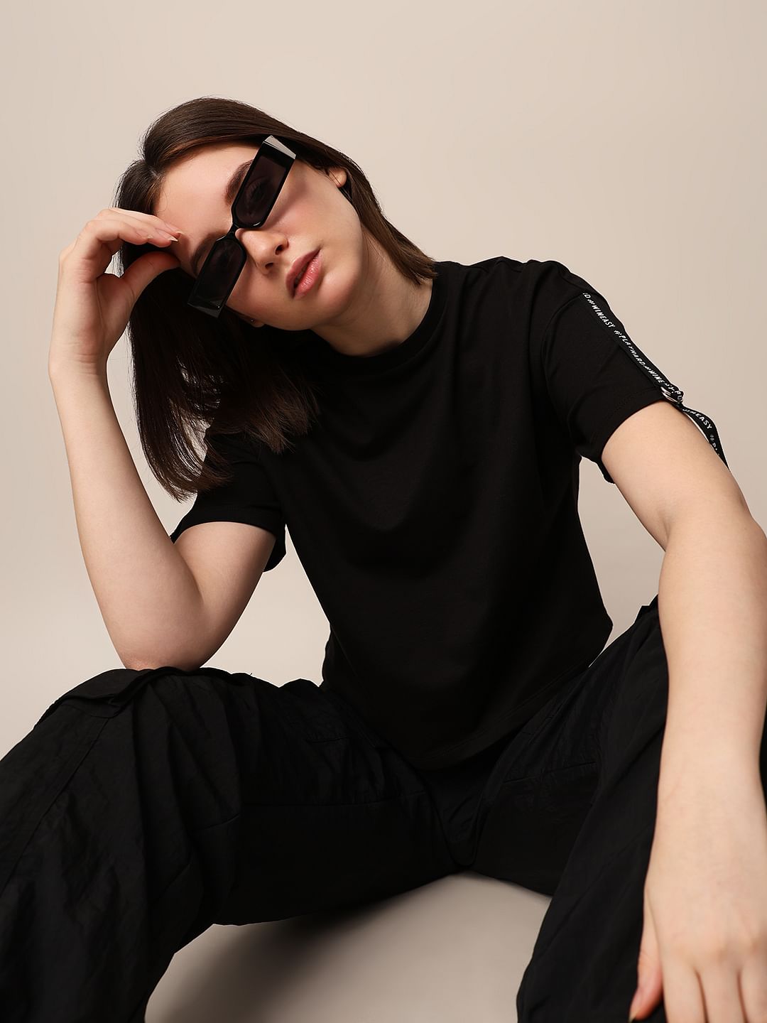 Black Fitted Strap Detail T-Shirt