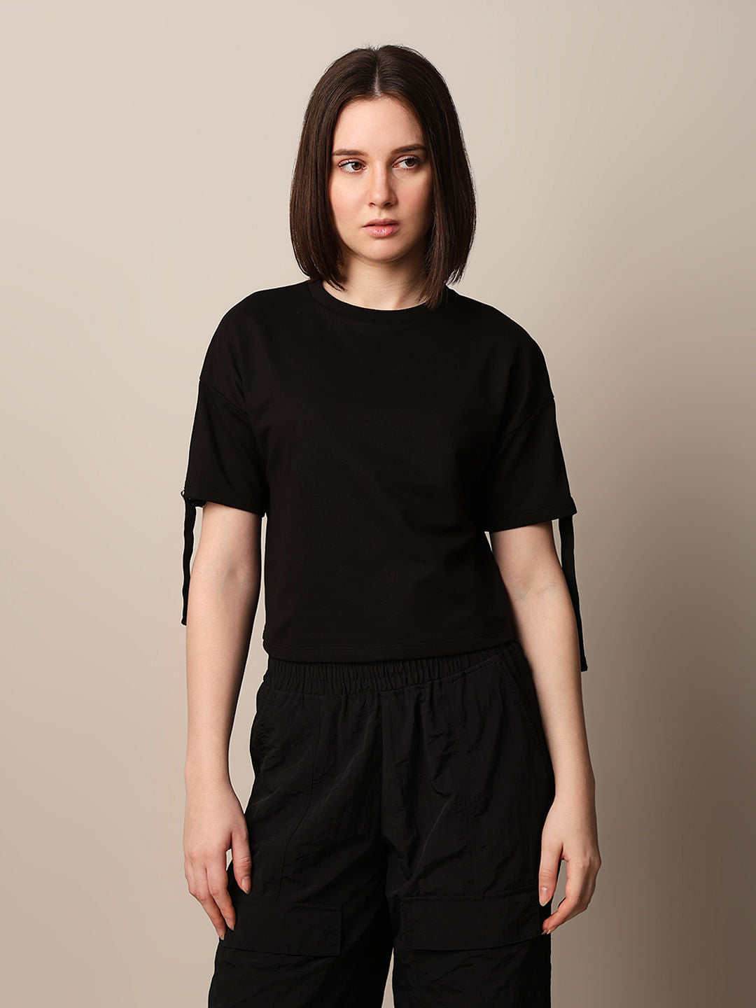 Black Fitted Strap Detail T-Shirt