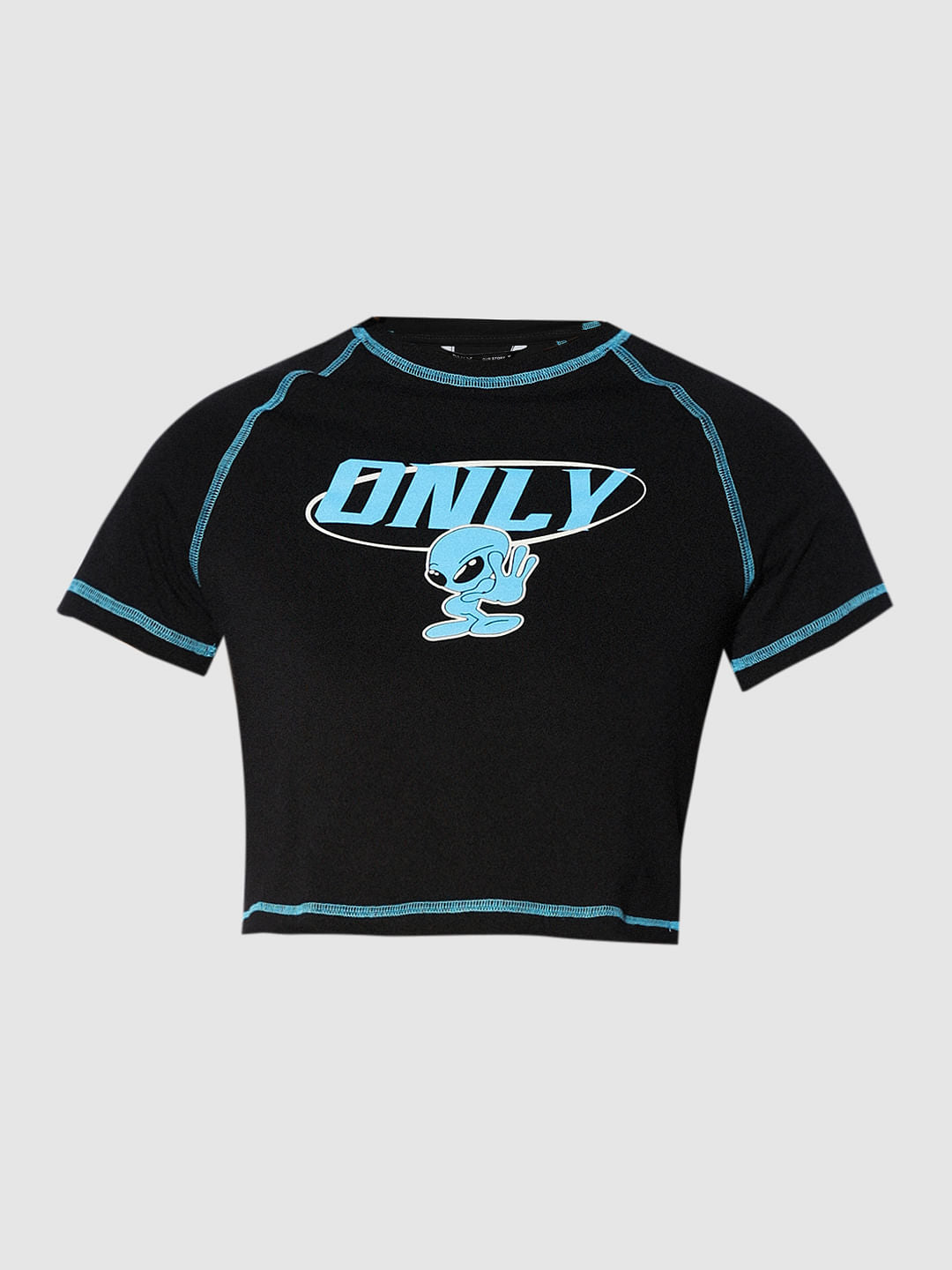 Black Printed Cropped T-Shirt