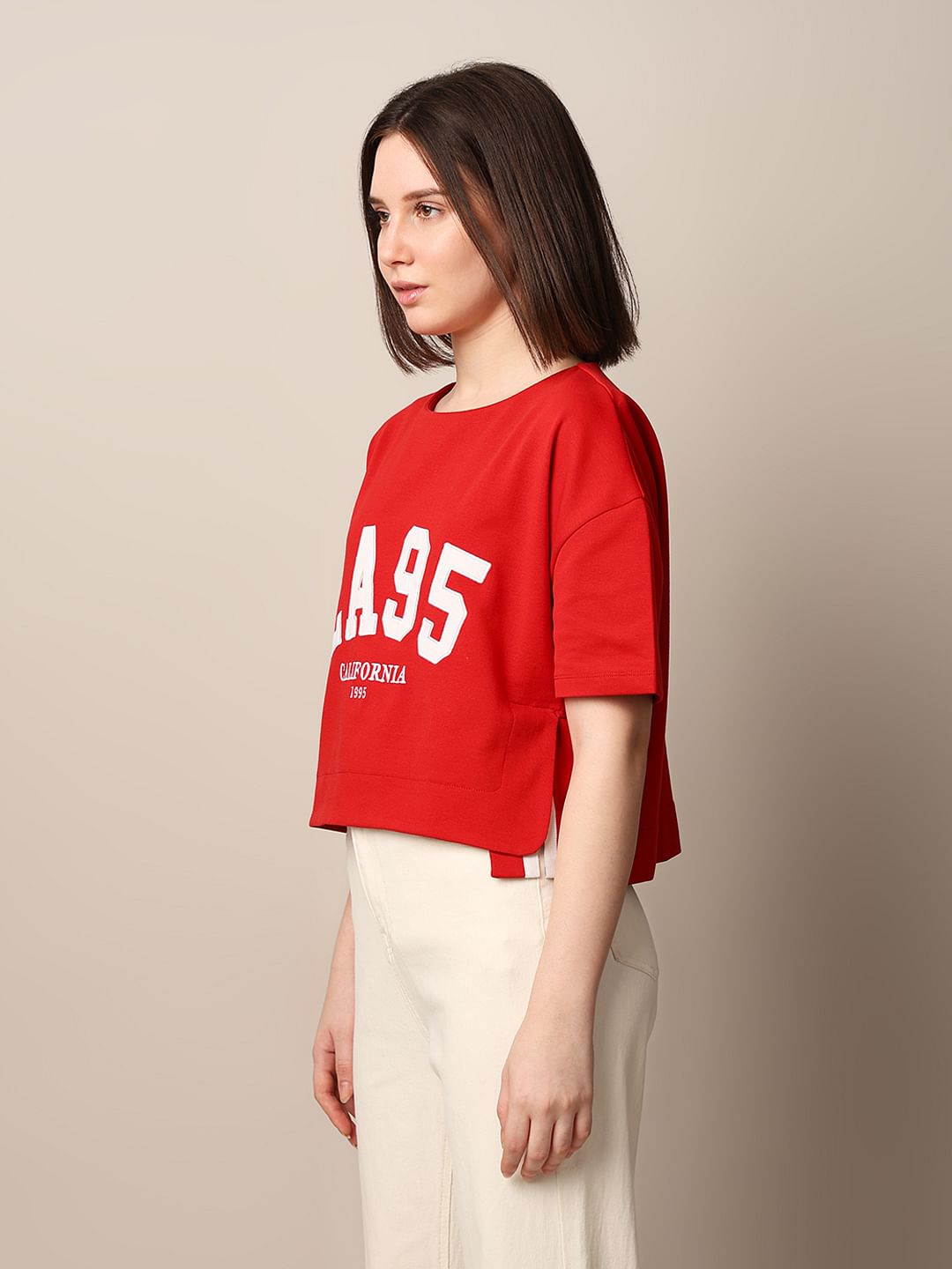Red Printed Cropped T-Shirt