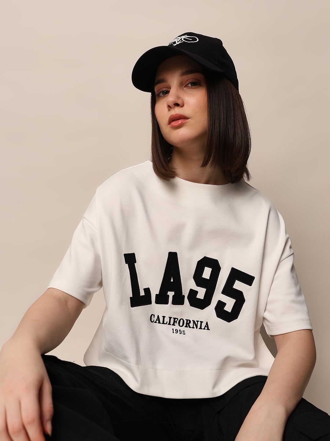 White Appliqu Text Boxy Fit T-Shirt