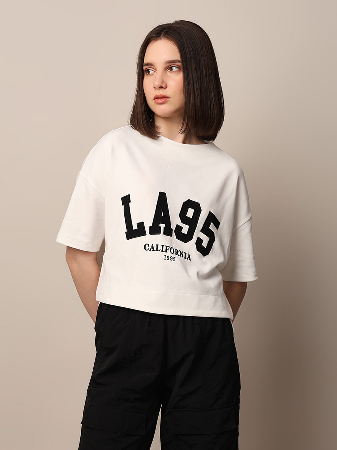 White Appliqu Text Boxy Fit T-Shirt