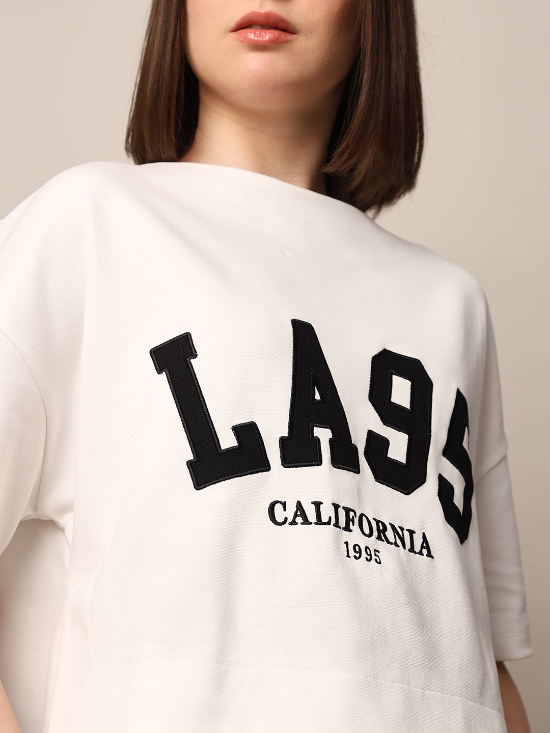 White Appliqu Text Boxy Fit T-Shirt