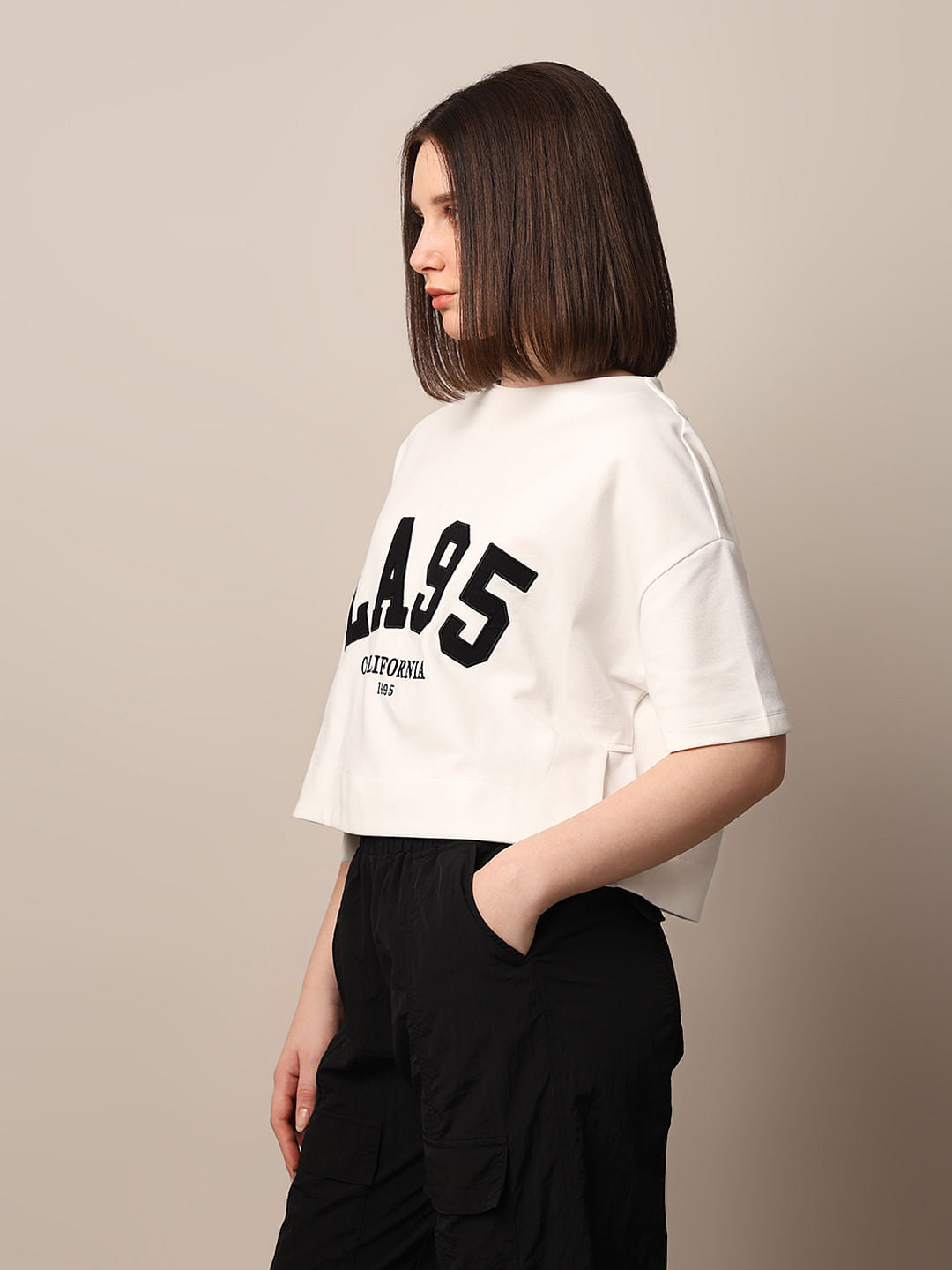 White Appliqu Text Boxy Fit T-Shirt