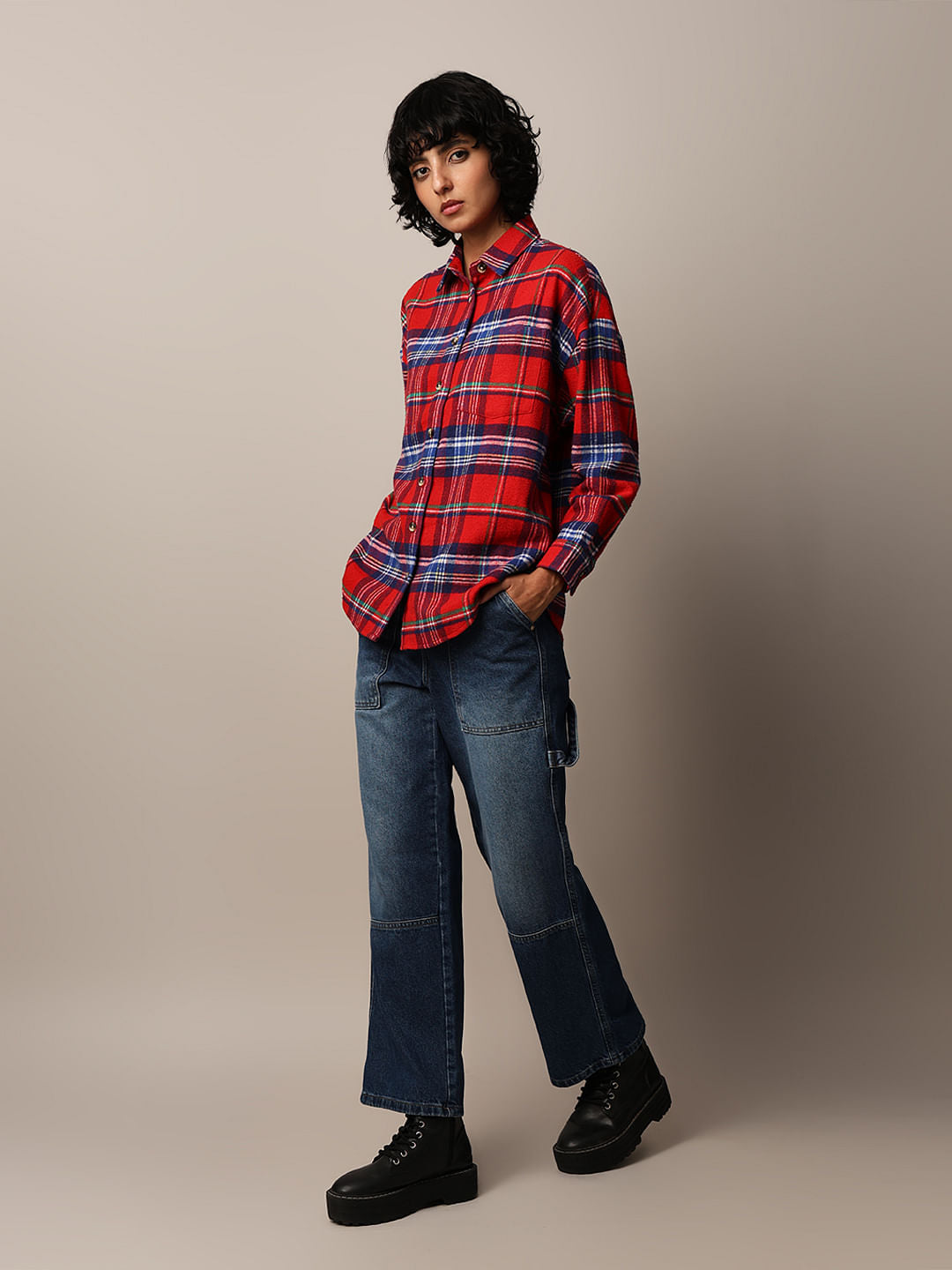Red Flannel Check Oversized Shirt