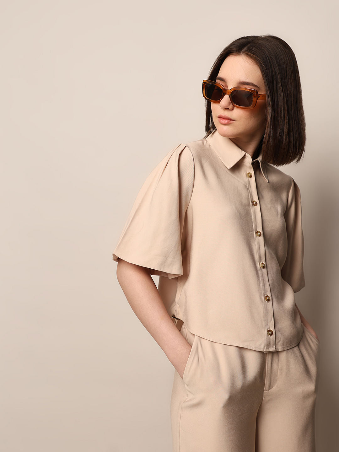 Beige Puff-Sleeves Co-Ord Set Shirt