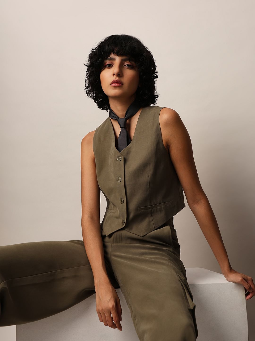 Dark Olive Co-Ord Set Waistcoat