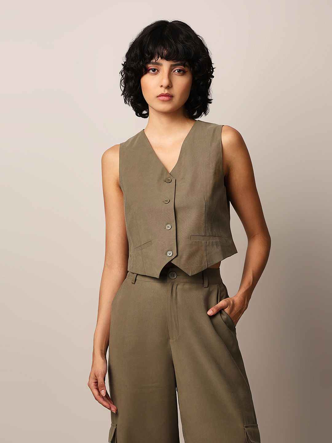 Dark Olive Co-Ord Set Waistcoat
