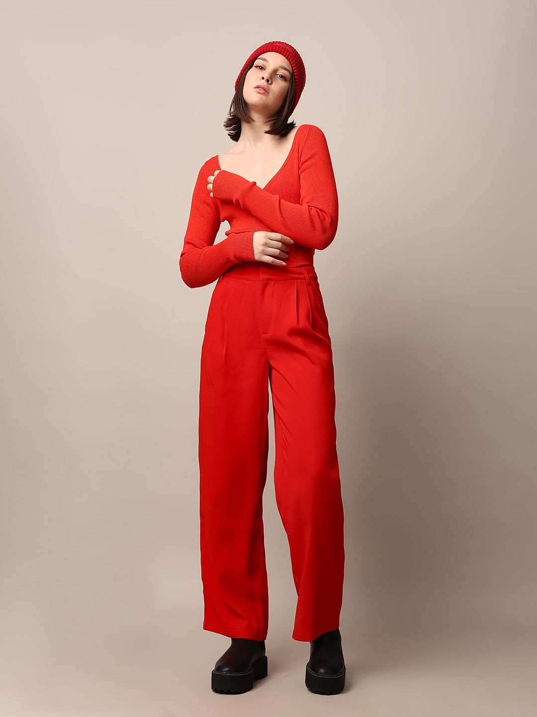 Red High Rise Tailored Co-Ord Set Pants