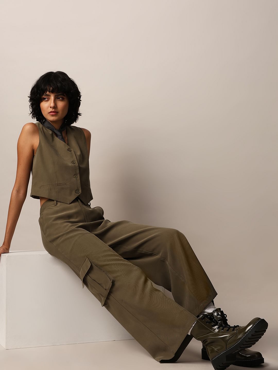 Dark Olive High Rise Co-Ord Set Pants