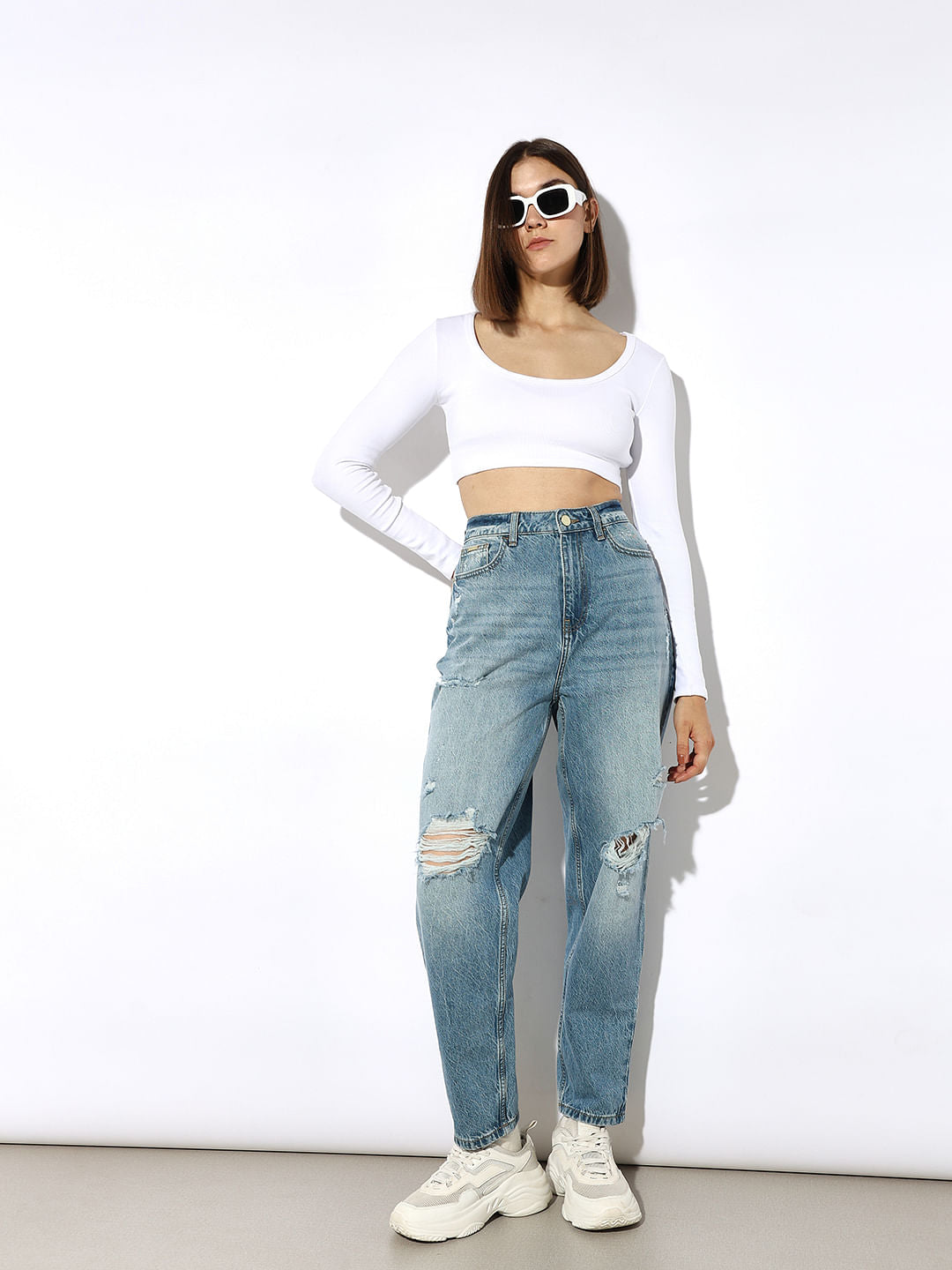 Blue Distressed Slouchy Fit Jeans