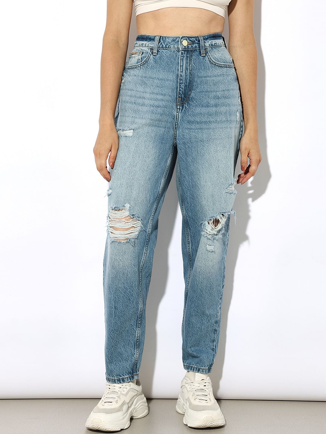 Blue Distressed Slouchy Fit Jeans