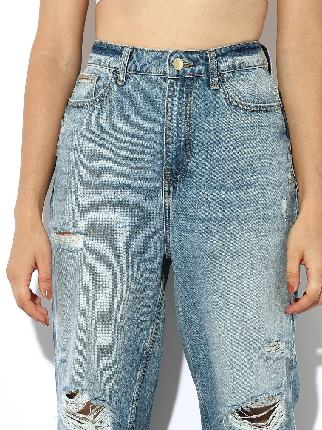 Blue Distressed Slouchy Fit Jeans