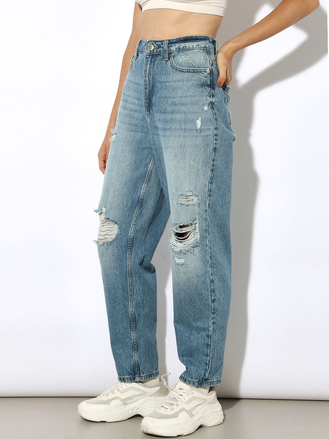 Blue Distressed Slouchy Fit Jeans