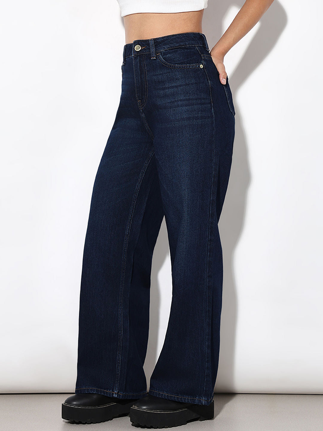 Dark Blue High Rise Wide Leg Jeans