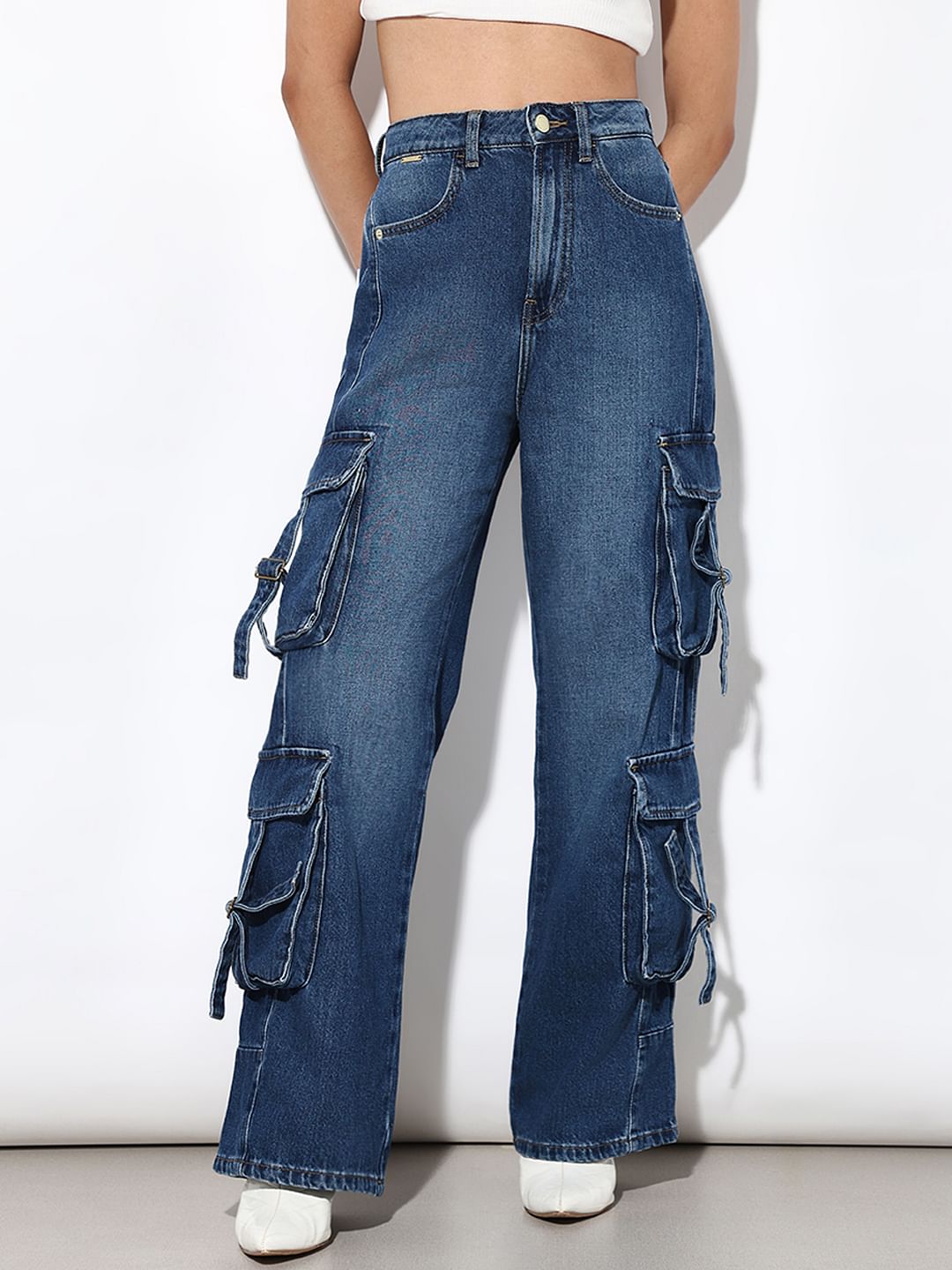 Dark Blue High Rise Cargo Jeans