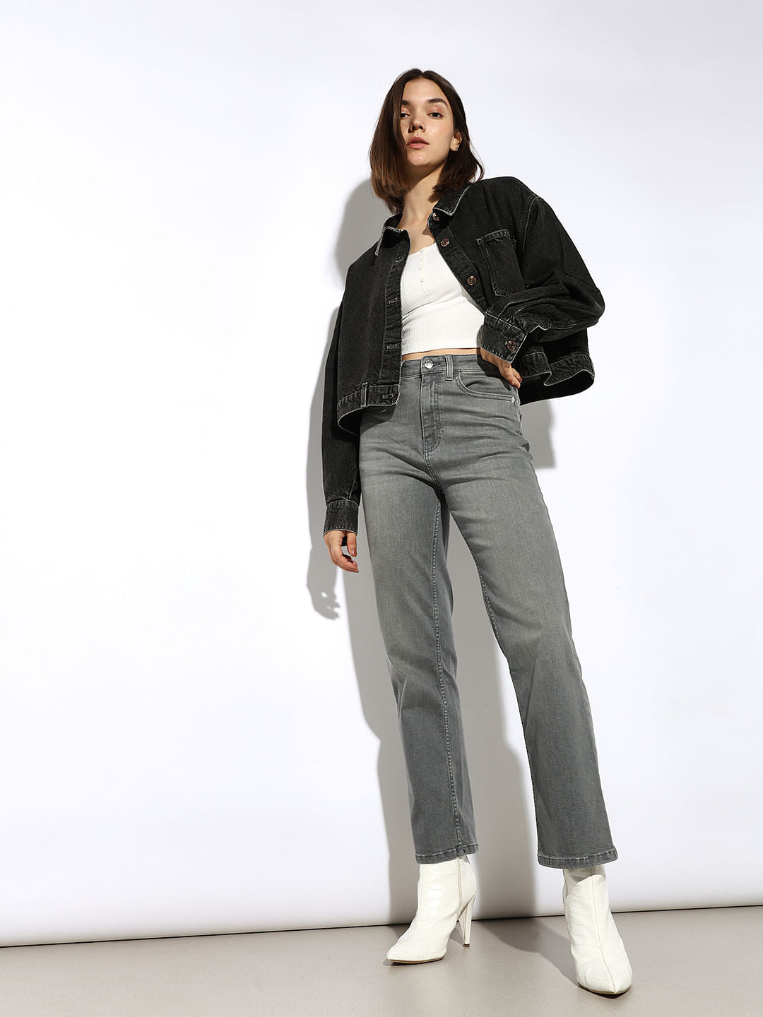 Grey High Rise Erin Straight Fit Jeans