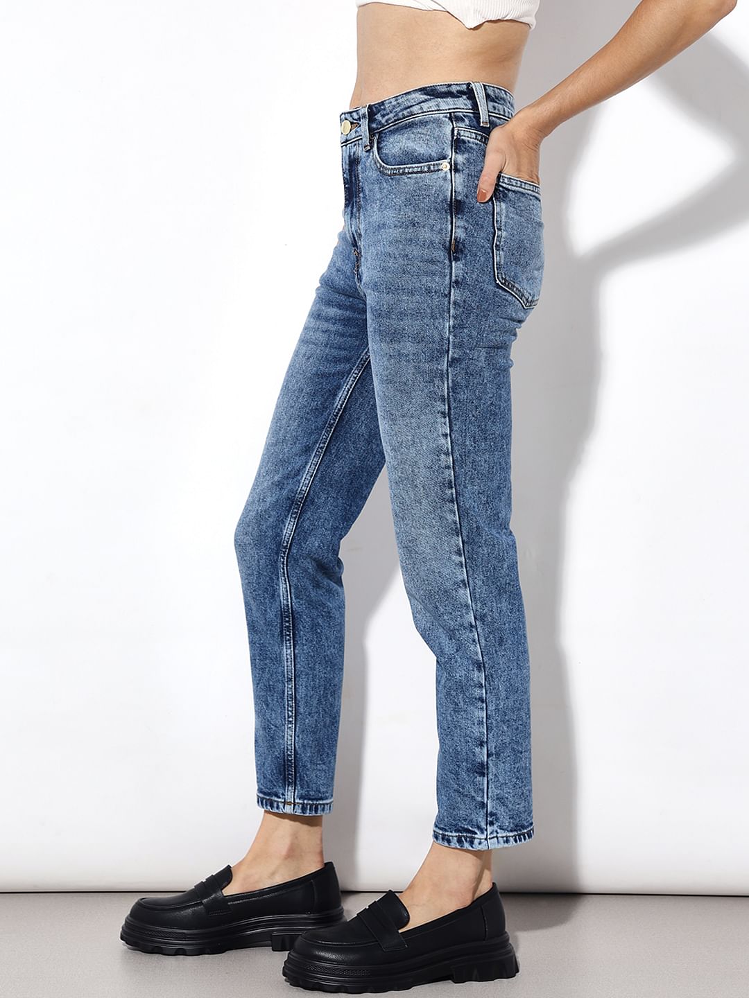 Blue High Rise Washed Straight Fit Jeans