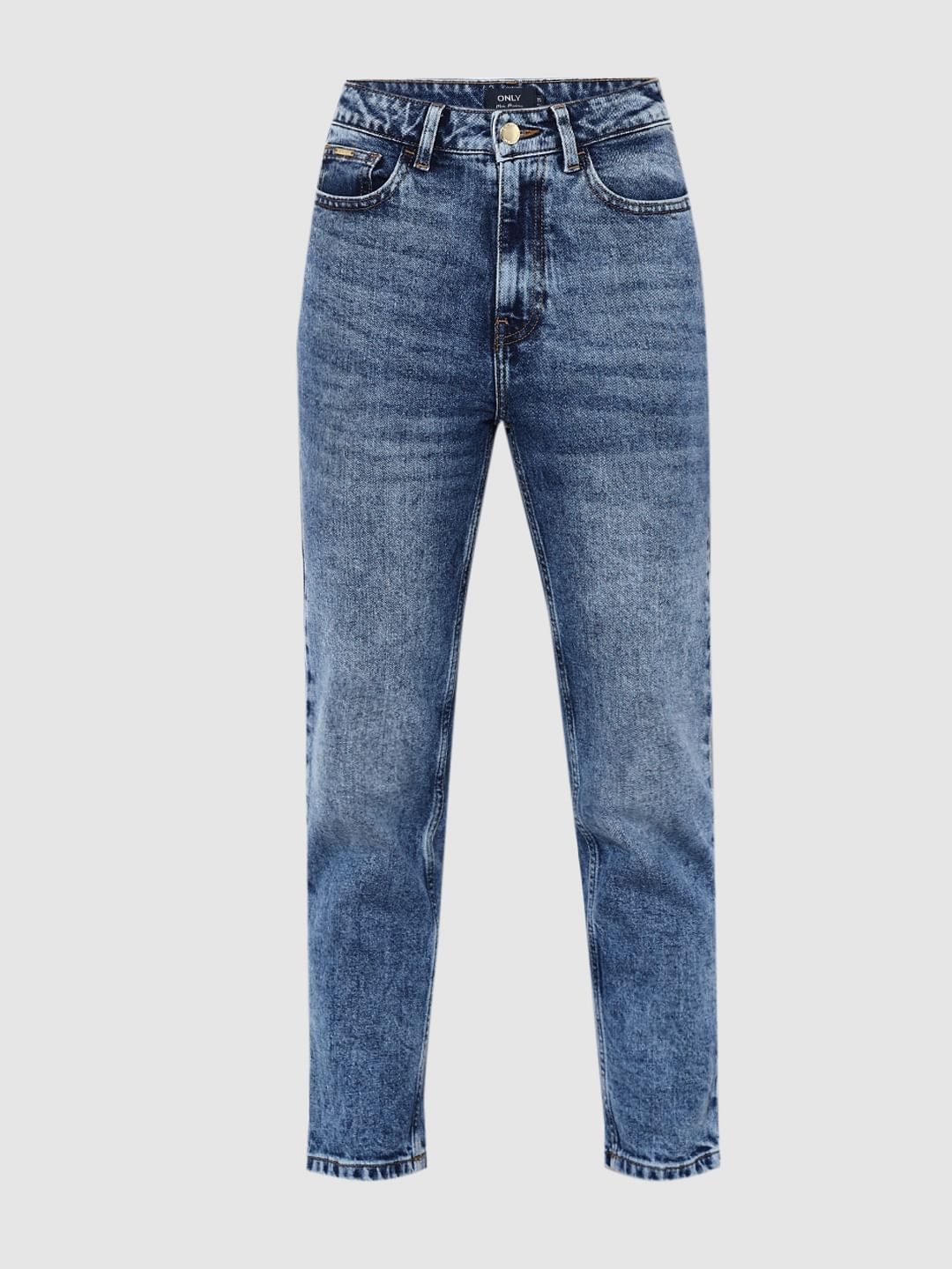 Blue High Rise Washed Straight Fit Jeans