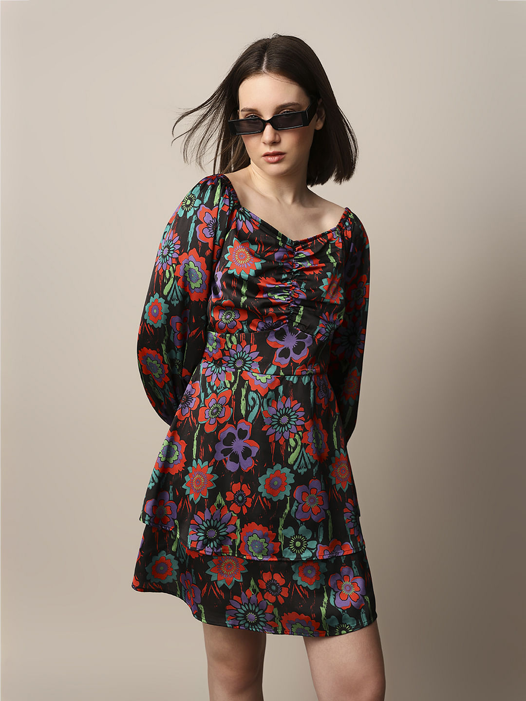 Black Printed Satin Dress