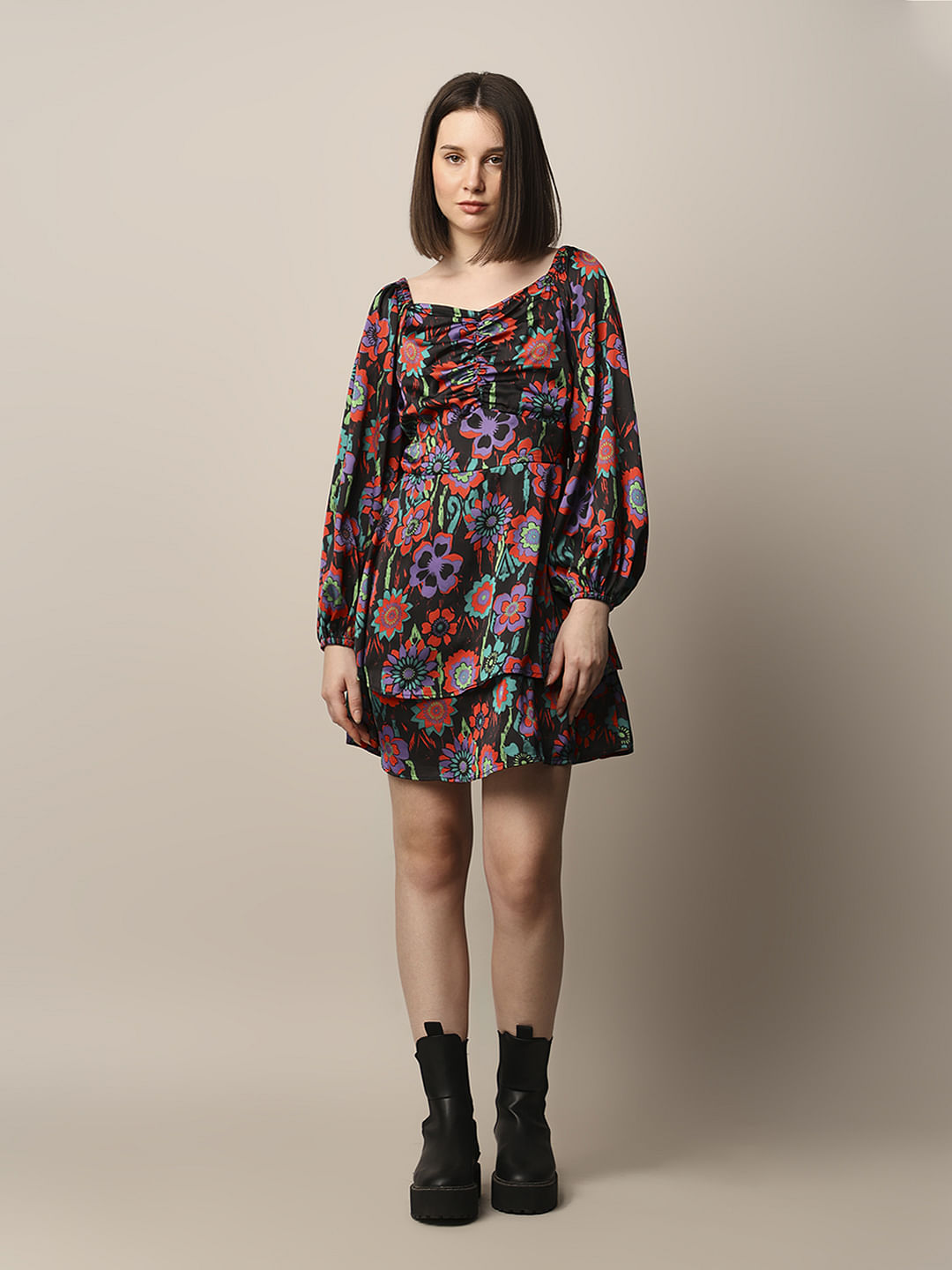 Black Printed Satin Dress