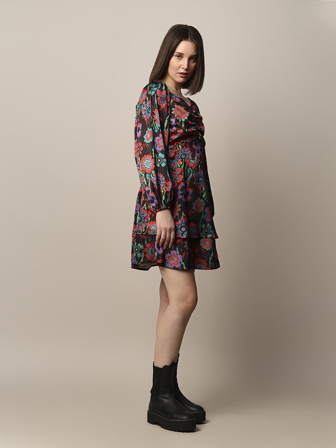 Black Printed Satin Dress