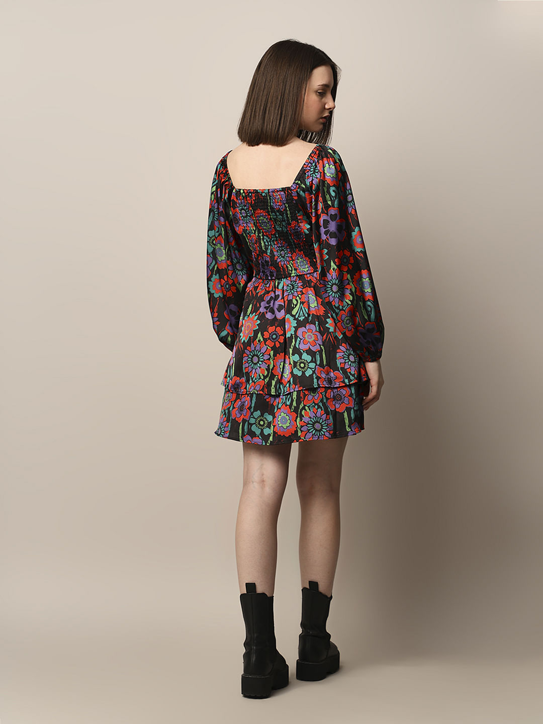 Black Printed Satin Dress