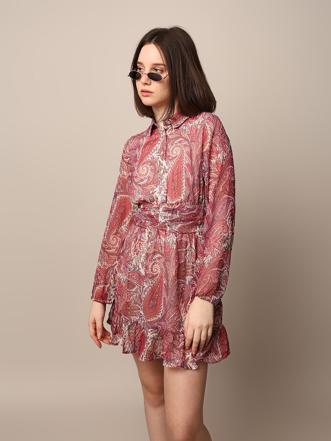 Red Printed Chiffon Mini Dress
