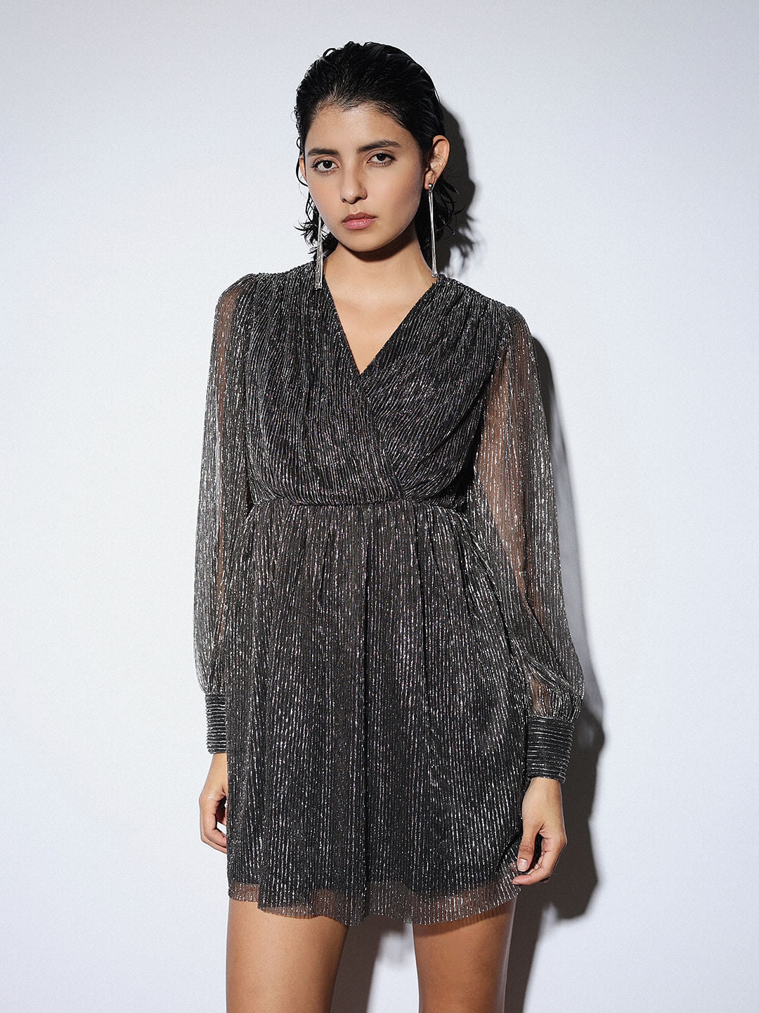 Black Plisse Shimmer Mini Dress