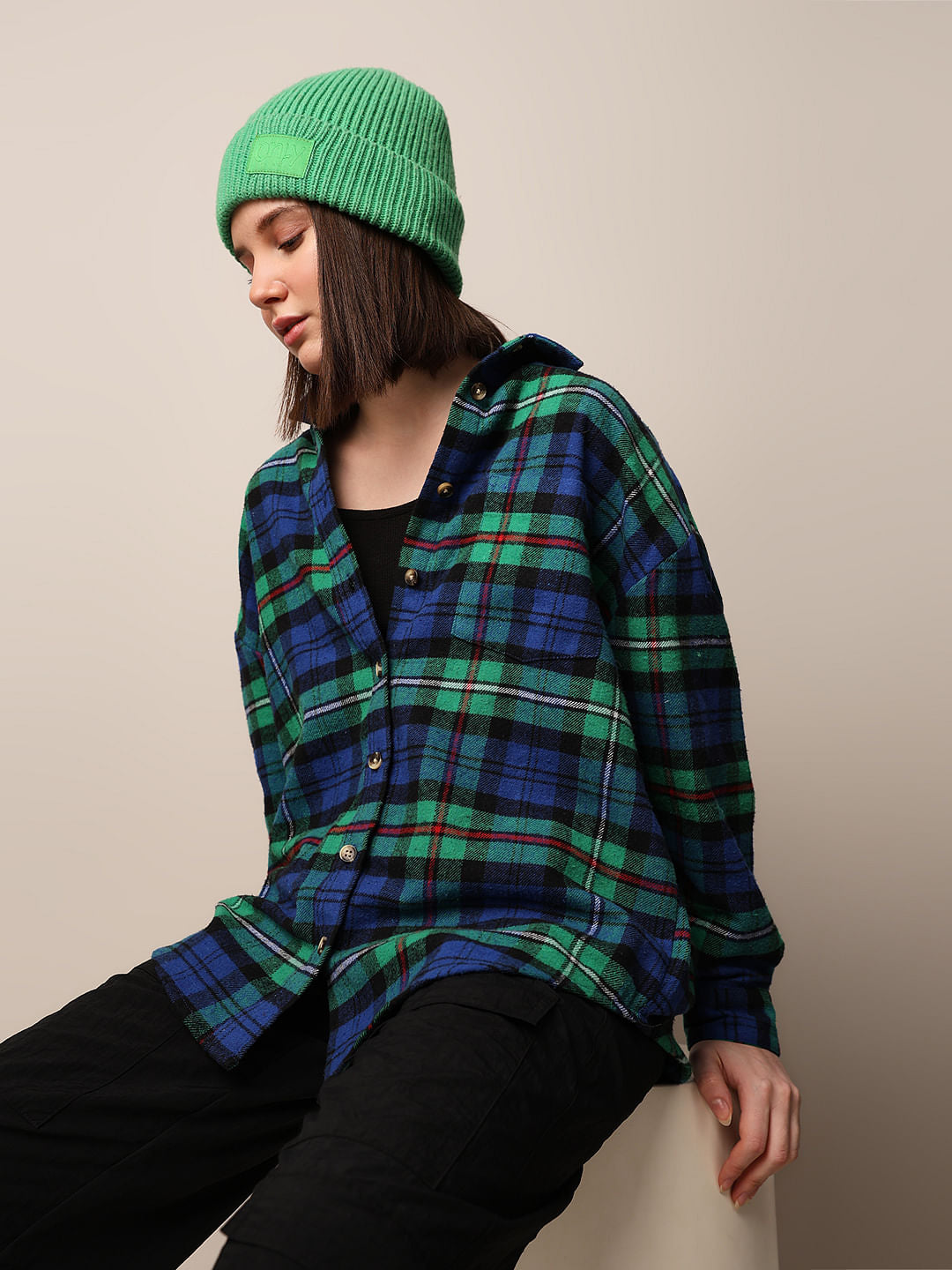 Green Flannel Check Oversized Shirt