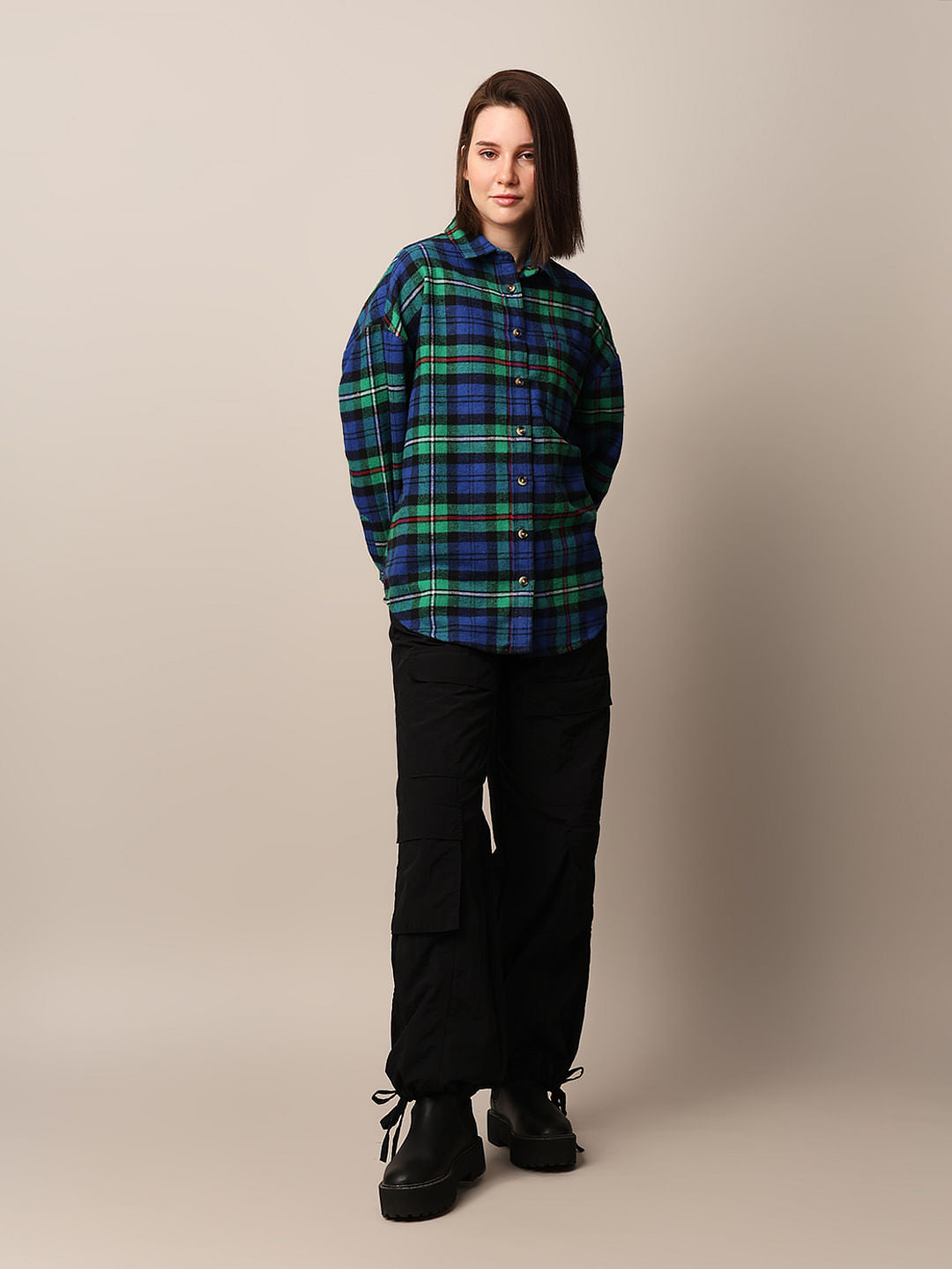 Green Flannel Check Oversized Shirt