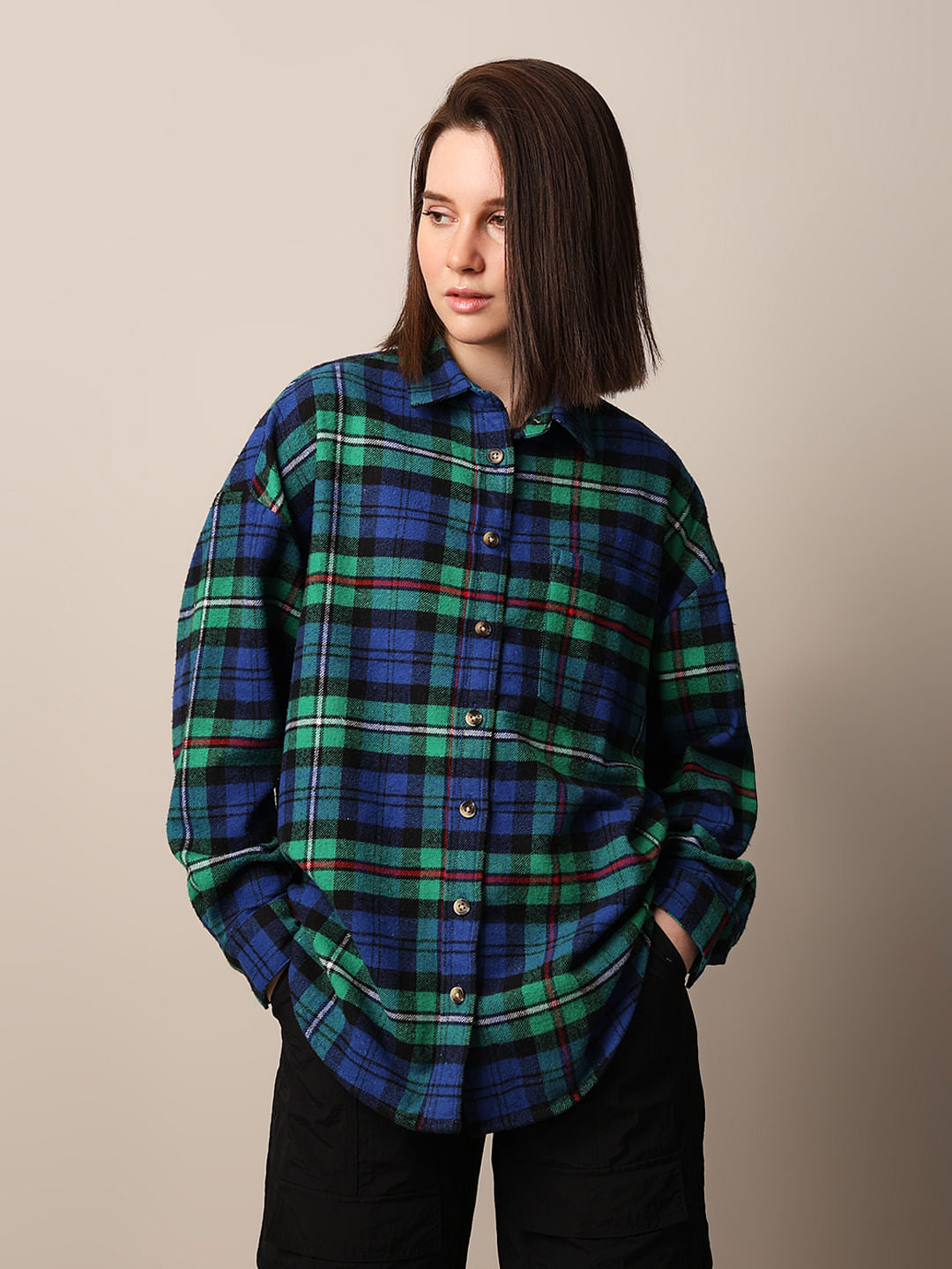 Green Flannel Check Oversized Shirt