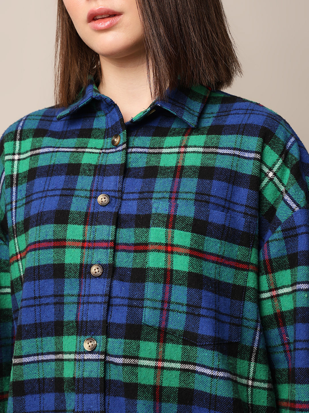 Green Flannel Check Oversized Shirt