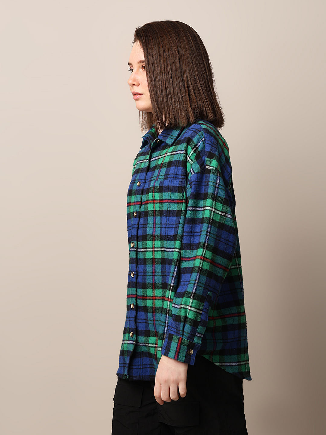 Green Flannel Check Oversized Shirt