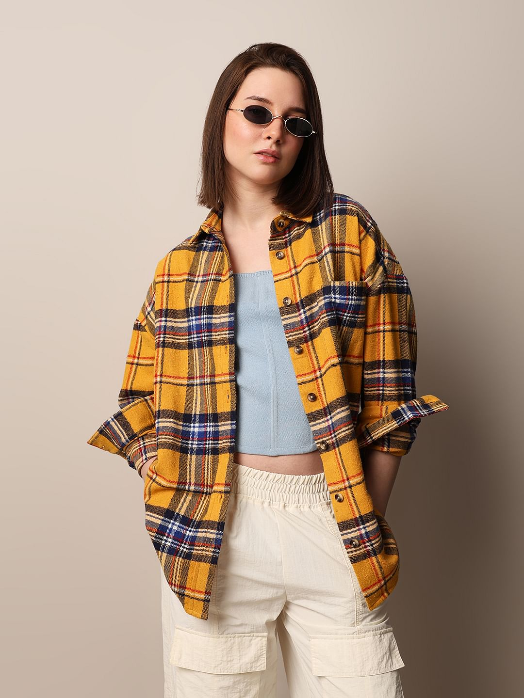 Yellow Flannel Check Oversized Shirt