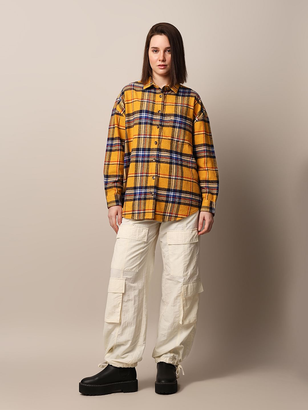 Yellow Flannel Check Oversized Shirt