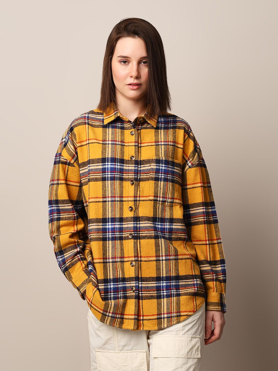 Yellow Flannel Check Oversized Shirt