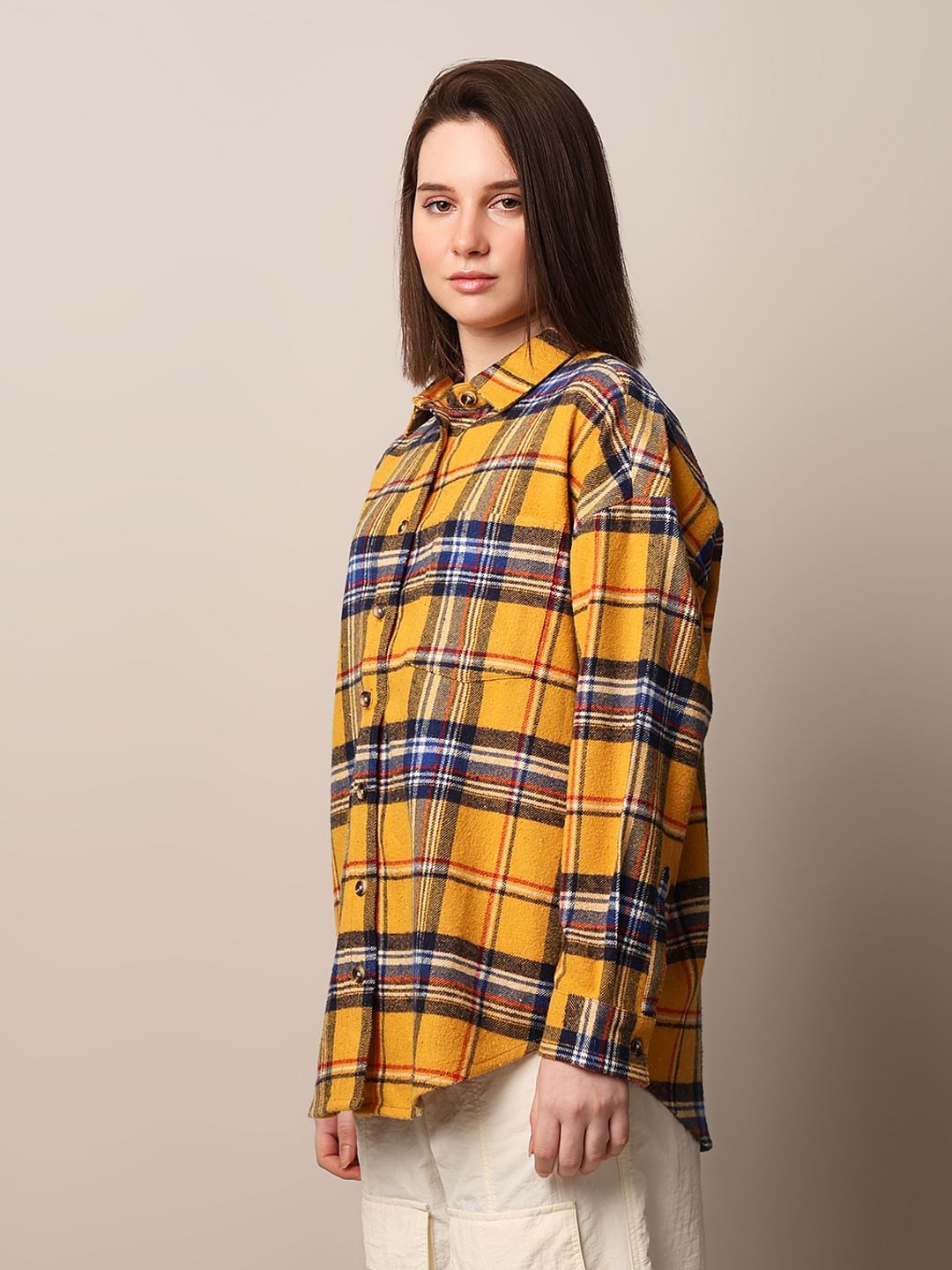 Yellow Flannel Check Oversized Shirt