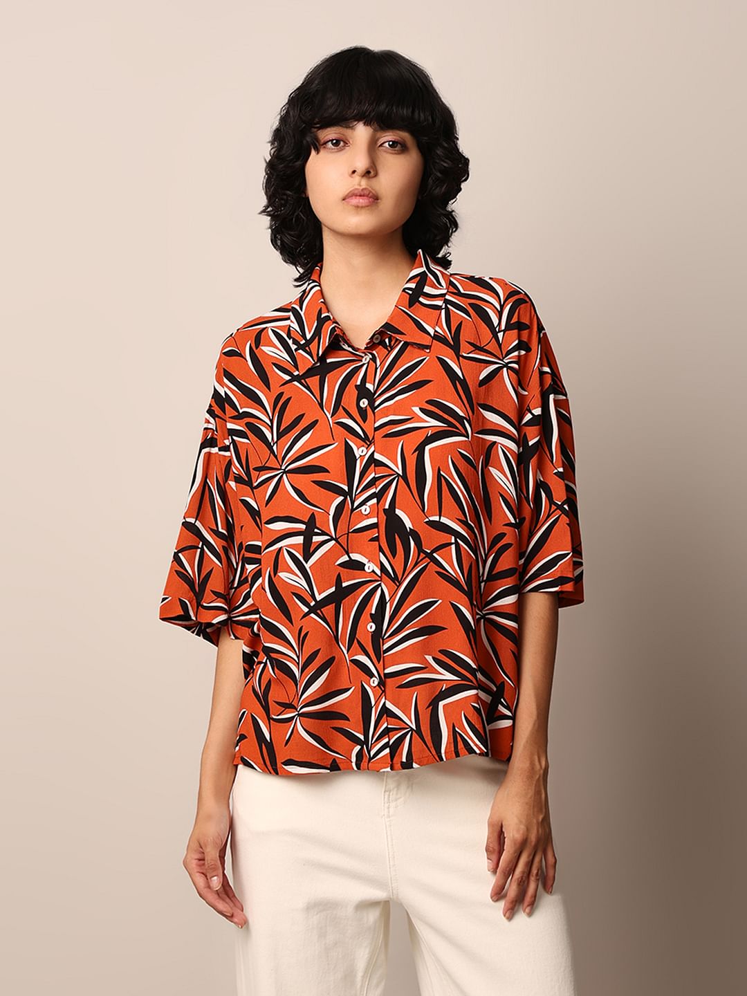 Orange Printed Crinkle Shirt