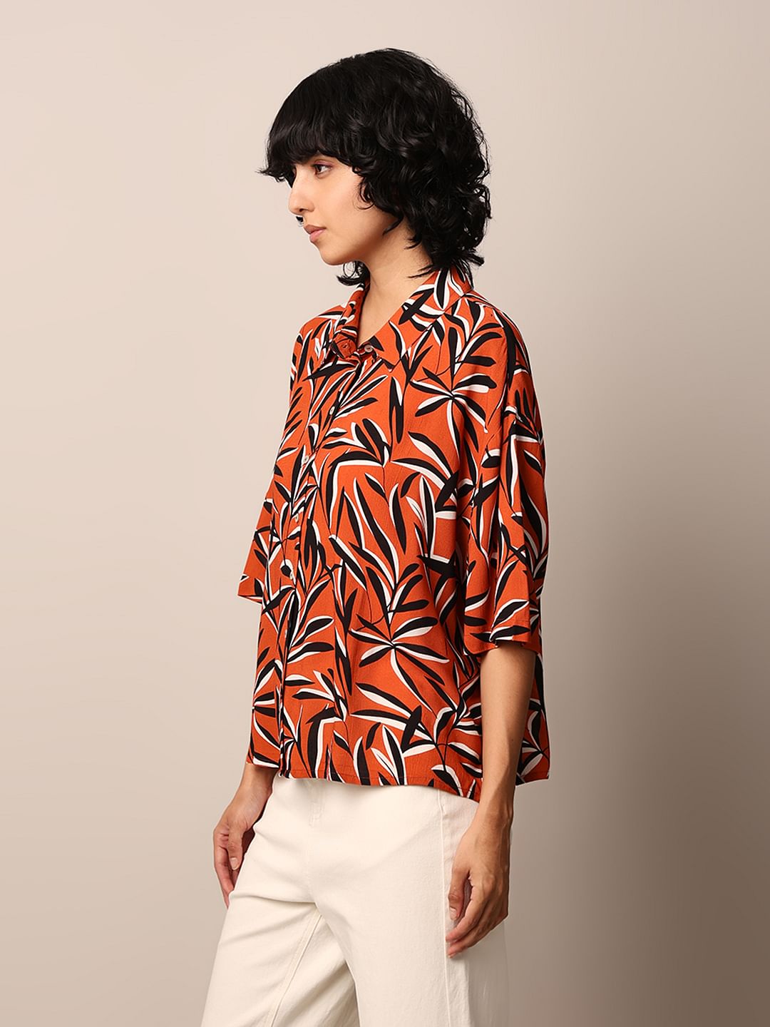 Orange Printed Crinkle Shirt