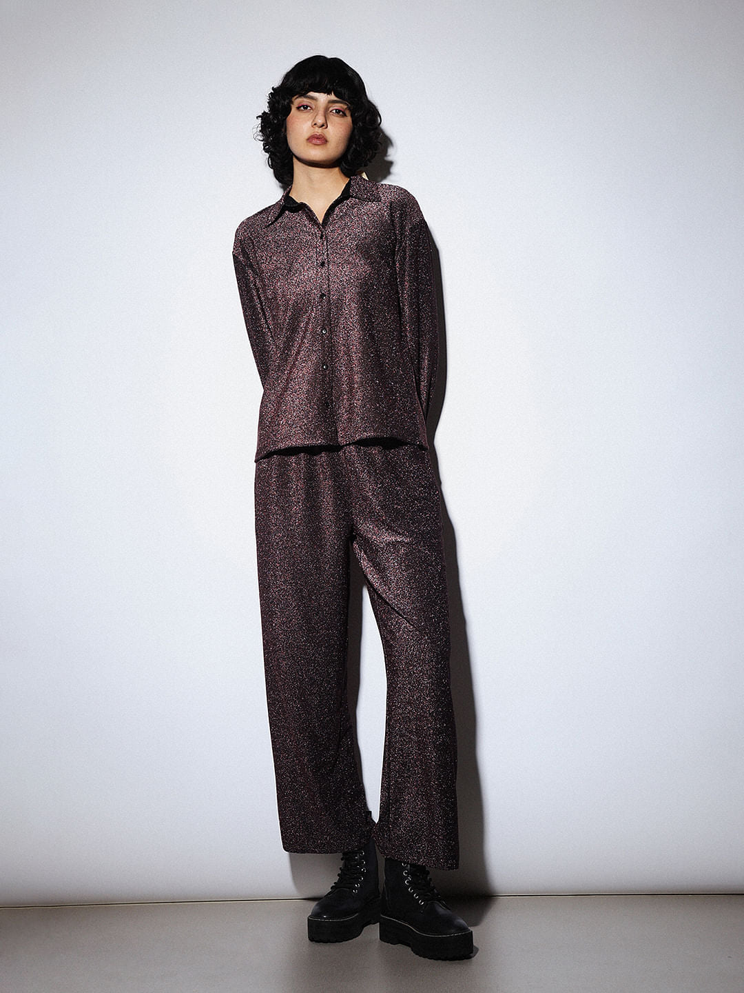 Burgundy Shimmer Co-Ord Set Shirt